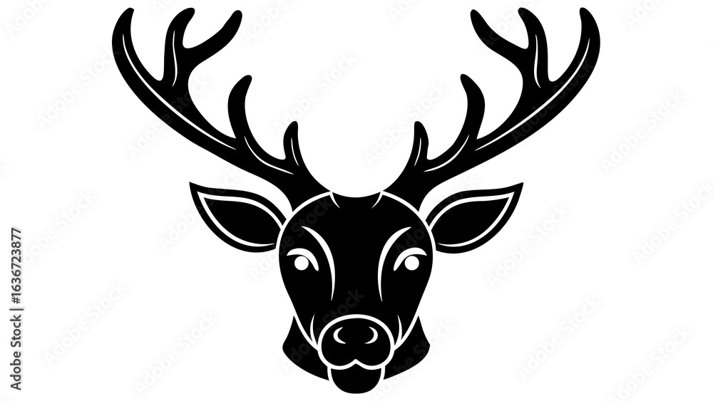 Aufkleber stylized black and white deer head with large antlers facing forward in a symmetrical design style c