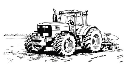 Tractor plowing field, agriculture vehicle outline illustration