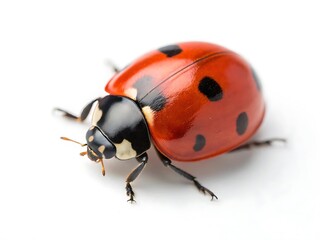 Fototapeta premium Closeup of a ladybug isolated on white background, showcasing its vibrant red shell with black spots, delicate antennae, and intricate details of its tiny body
