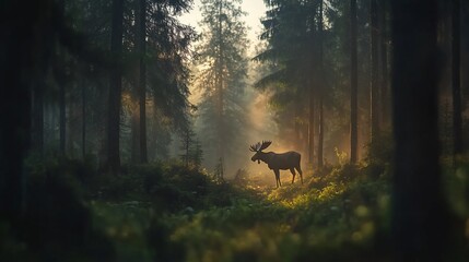 Elk standing, illuminated by sunlight within dense forest landscape.