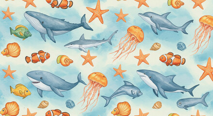 Obraz premium Seamless Ocean Life Pattern with Whales, Dolphins, and Colorful Sea Creatures