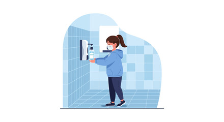 Girl Using Hand Sanitizer In Public Washroom During Pandemic Time