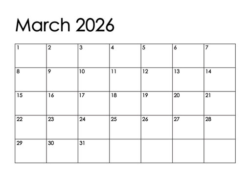 March 2026 month calendar - Sunday to Saturday format. Simple black and white design	