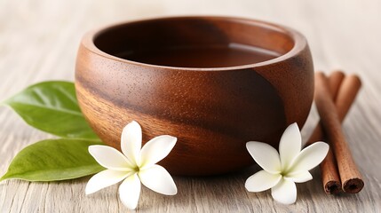 Fototapeta premium Wooden bowl with flowers and cinnamon sticks.