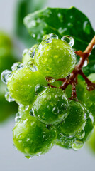 Macro view of green grapes with dewy water droplets on their surface, set against a light background with green leaves