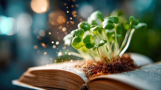Bright green sprouts emerging from moist soil placed on an open antique book, with golden light highlighting seeds and water droplets in the air