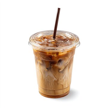 Refreshing iced coffee in clear plastic cup with straw