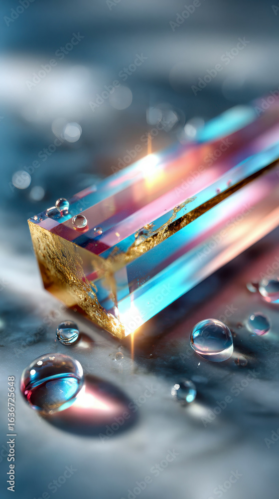 Poster futuristic glass cube with iridescent reflections and floating water droplets on a luminous gradient