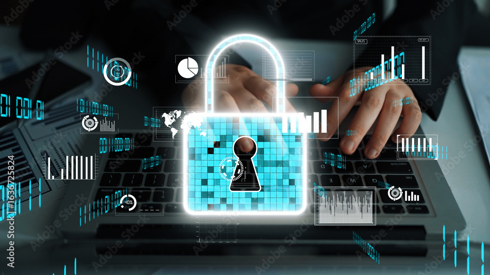 Poster a visual representation of digital security featuring a lock symbol over a laptop keyboard, surround