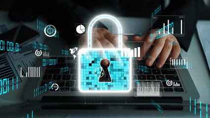 A visual representation of digital security featuring a lock symbol over a laptop keyboard, surrounded by data analysis graphics, emphasizing the importance of protecting information. Xenic
