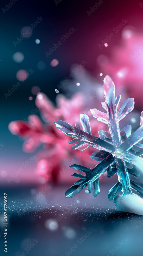 Poster close-up of a transparent snowflake with intricate details, resting on a reflective surface with glo