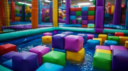Kids can enjoy birthday fun surrounded by colorful soft cubes at an indoor trampoline park.