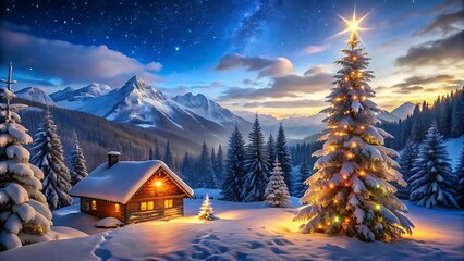 Fototapeta premium Cozy cabin and illuminated christmas tree in a snowy mountain landscape