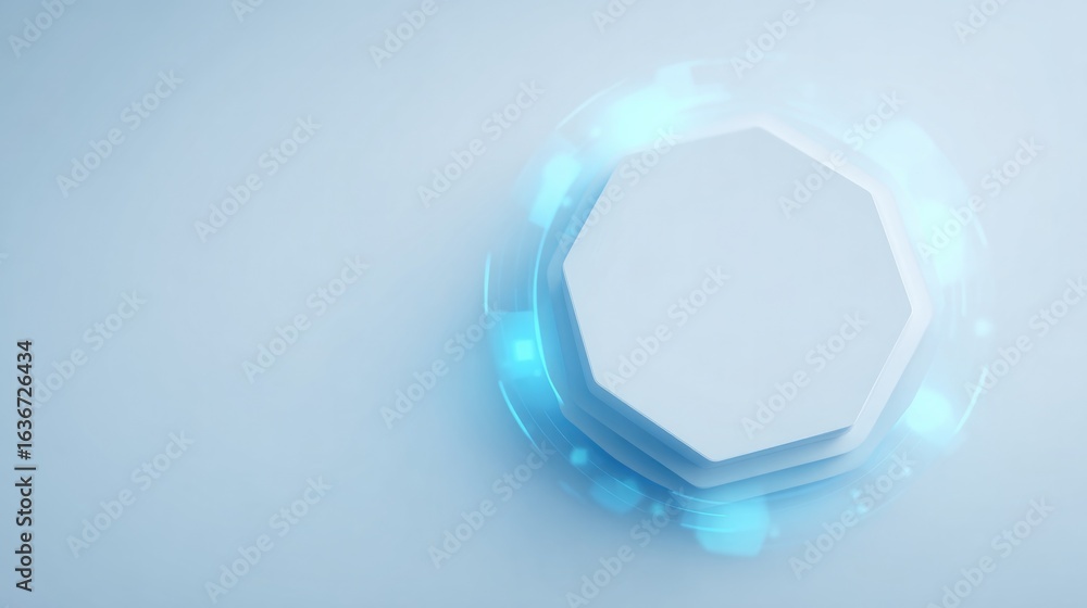 Poster futuristic hexagonal shape surrounded by glowing blue elements o