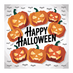 Group of carved jack o lanterns with Happy Halloween text and bats lettering calligraphy