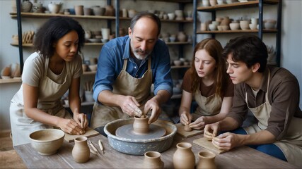 An experienced ceramic artist demonstrating techniques to a small group of attentive students in a pottery studio filled with tools, clay, and half-finished ceramics.