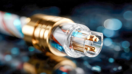 Close-up of a glowing fiber optic cable with multicolored light beams streaming from the transparent ends