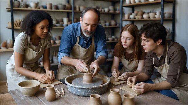 An experienced ceramic artist demonstrating techniques to a small group of attentive students in a pottery studio filled with tools, clay, and half-finished ceramics.