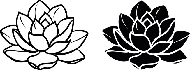 Two lotus flowers, one in black outline and the other in solid black on white