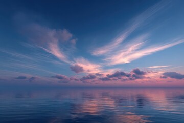 Naklejka premium Eternal Horizon Soft clouds drifting above a tranquil ocean at dusk.