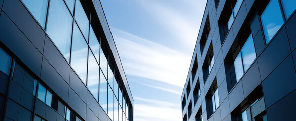 Obraz premium Architectural perspective of modern buildings against a clear blue sky.