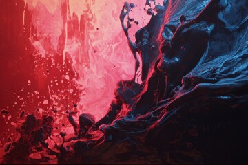 Fluid Dark Abstract: Red and Blue Swirling Paint