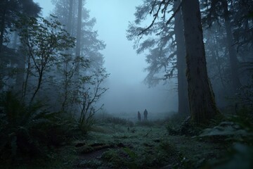 Obraz premium Misty Forest: Two Figures in a Dreamlike Landscape