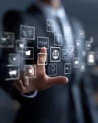 Virtual assistant concept floating AI icons futuristic background for smart business solutions