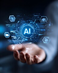Virtual assistant concept floating AI icons futuristic background for smart business solutions