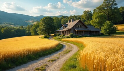Rustic farmhouse sits in golden wheat fields on sunny summer day. Winding country road leads to wooden house, bordered by green grass, trees. Rolling hills, blue sky with clouds complete peaceful