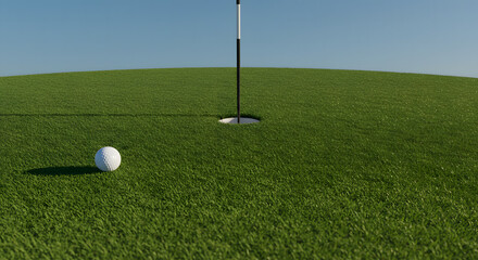 Obraz premium Golf ball on green field near hole with flag in background under clear sky 