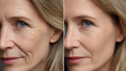 Side-by-side comparison of facial wrinkles and skin texture before and after treatment for skin rejuvenation