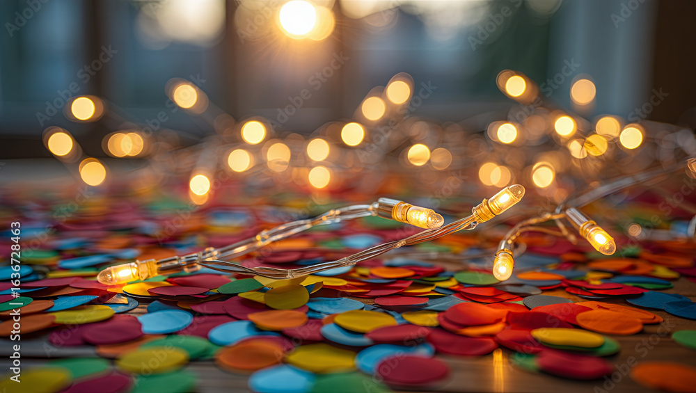 Poster warm golden lights illuminate a vibrant array of colorful confetti scattered across a surface. the s