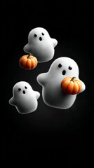 Three cute cartoon ghosts holding pumpkins float on black background. spooky and fun illustration for Halloween holiday. These adorable characters have playful expression