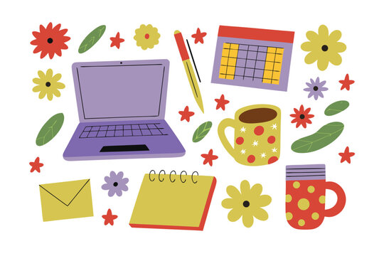 Daily Planner Arrangement: A charming, artistic arrangement of essential work and study elements, featuring a notebook, laptop, pen, calendar, coffee mugs, envelopes and floral accents.