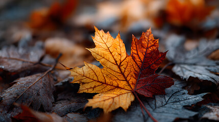 Brown and orange fallen autumn maple leaves lie on ground background