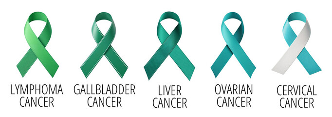 3D cancer awareness ribbons for lymphoma, gallbladder, liver, ovarian, cervical cancer support, isolated on transparent background
