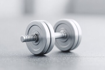 Obraz premium Shiny dumbbell rests on smooth surface, reflecting light, symbol