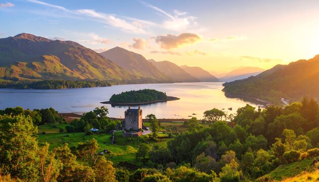 Scenic Highland sunset over loch and castle