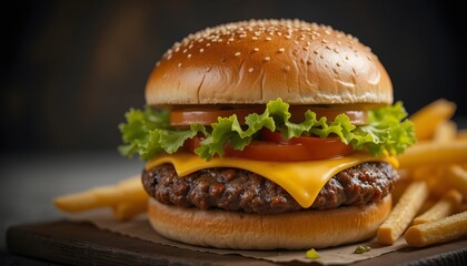 Juicy beef burger with cheddar cheese, lettuce, tomato, crispy fries, selective focus, dark moody background