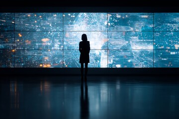Woman leader standing front of large corporate screen future planning presentation in tech setting