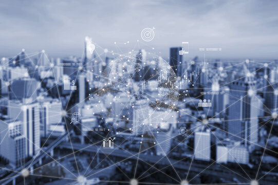 Global business network connecting digital economy and data exchange. Global business expands market, business shares data, global drives finance, and global business supports insight. Vouch