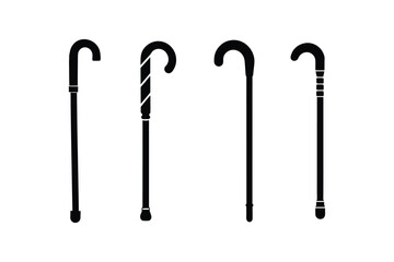 A set of walking stick cane silhouette vector illustration