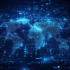 Global Network. Futuristic Digital World Map, Illuminated Nodes, Abstract Technology Background