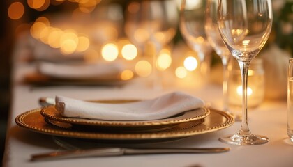 Elegant table setting for charity gala features gold charger plates, white napkins, crystal wine glasses. Soft, warm, natural lighting creates festive, intimate ambience for sophisticated dining