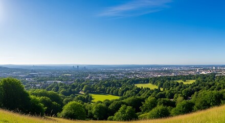 Panoramic view of a city landscape with green trees and blue sky