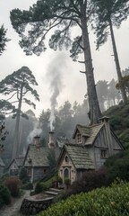Fototapeta premium Whimsical village on a treetop in grey tones. Dreamlike and surreal fantasy scene. AI GENERATED. 