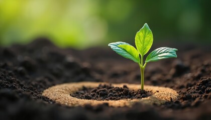 Fototapeta premium New business ideas sprout from rich soil, symbolizing growth and sustainability. A young plant emerges, representing innovation, development, and future success for startups and entrepreneurs.
