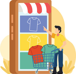 Man shopping shirts online store illustration. Add T-shirt in cart illustration