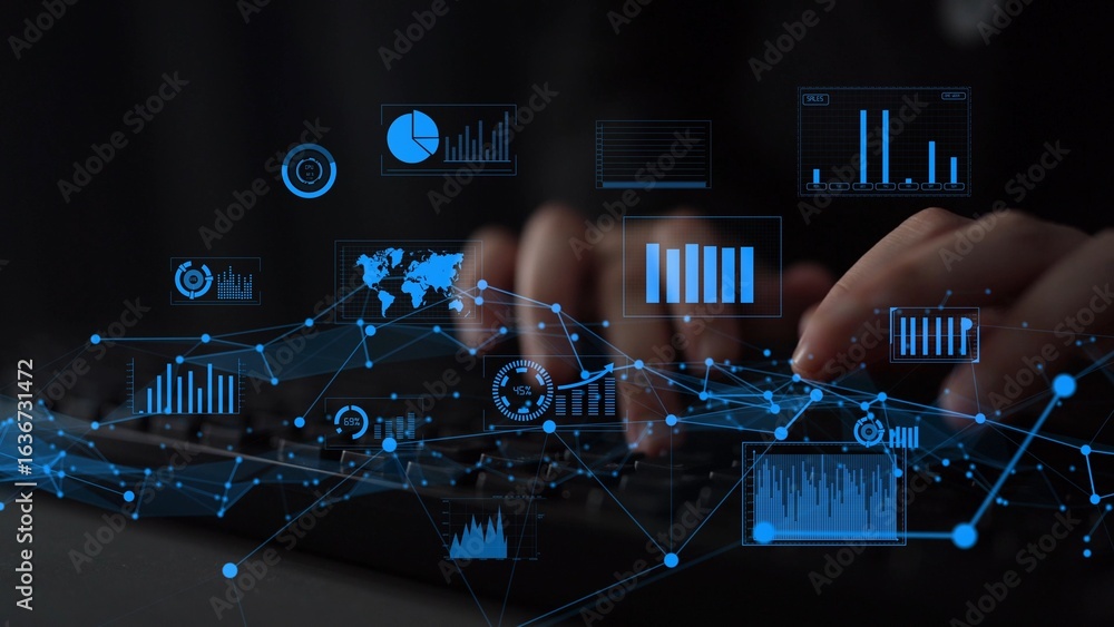 Poster a person types on a keyboard enveloped by blue-colored data visualization graphics and analytics cha